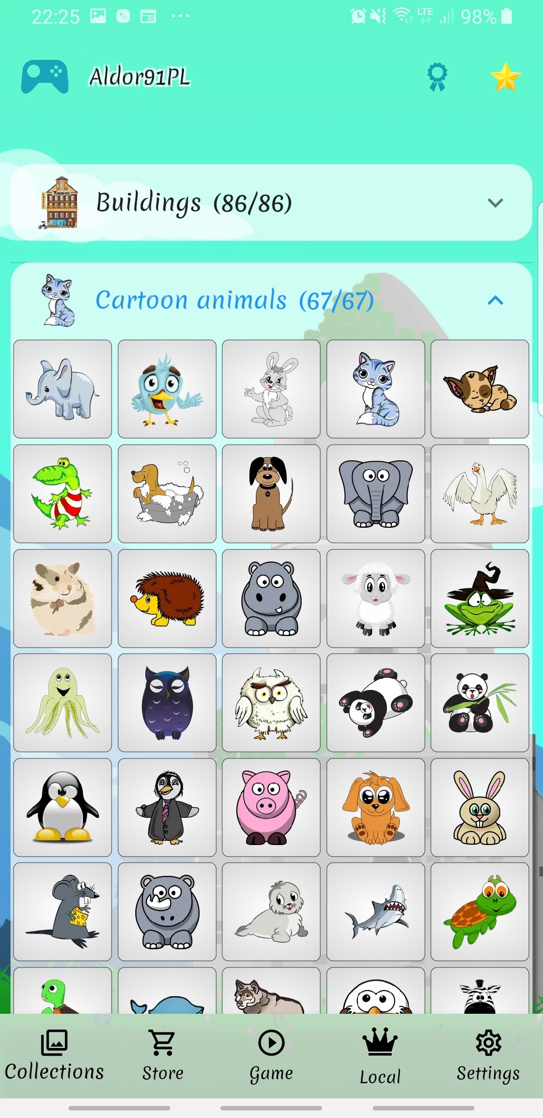 Cards Matching collection expanded to show many discovered cartoon animal cards